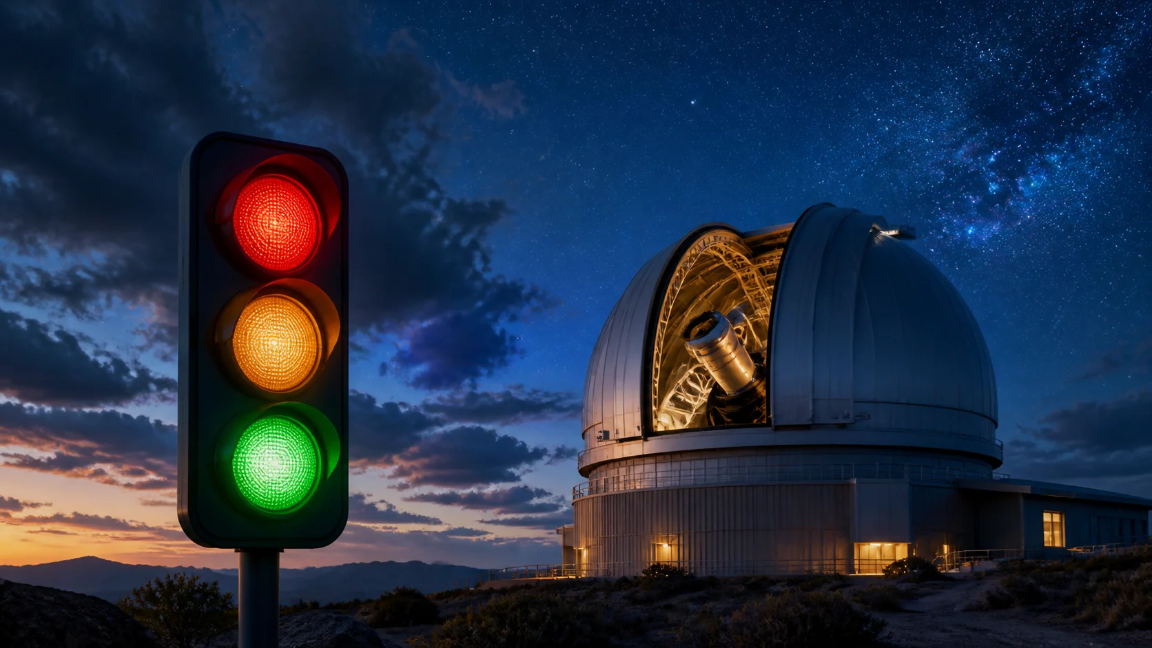Eine leuchtende Wetterampel mit roten, gelben und grünen Signalen vor einer geöffneten Sternwarte unter einem teils bewölkten Sternenhimmel.